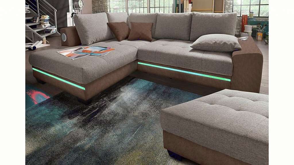 Nova Via Ecksofa, wahlweise mit Kaltschaum (140kg Belastung/Sitz), Bettfunktion, mit RGB-LED-Beleuchtung, wahlweise mit Bluetooth-Soundsystem