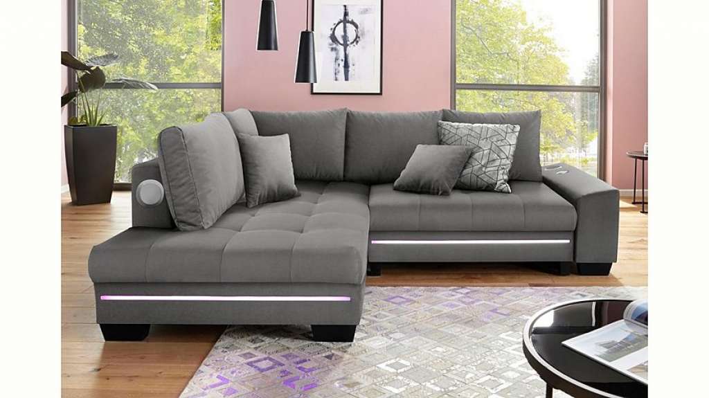 Nova Via Ecksofa, wahlweise mit Kaltschaum (140kg Belastung/Sitz), mit RGB-LED-Beleuchtung, Bluetooth-Soundsystem und Bettfunktion