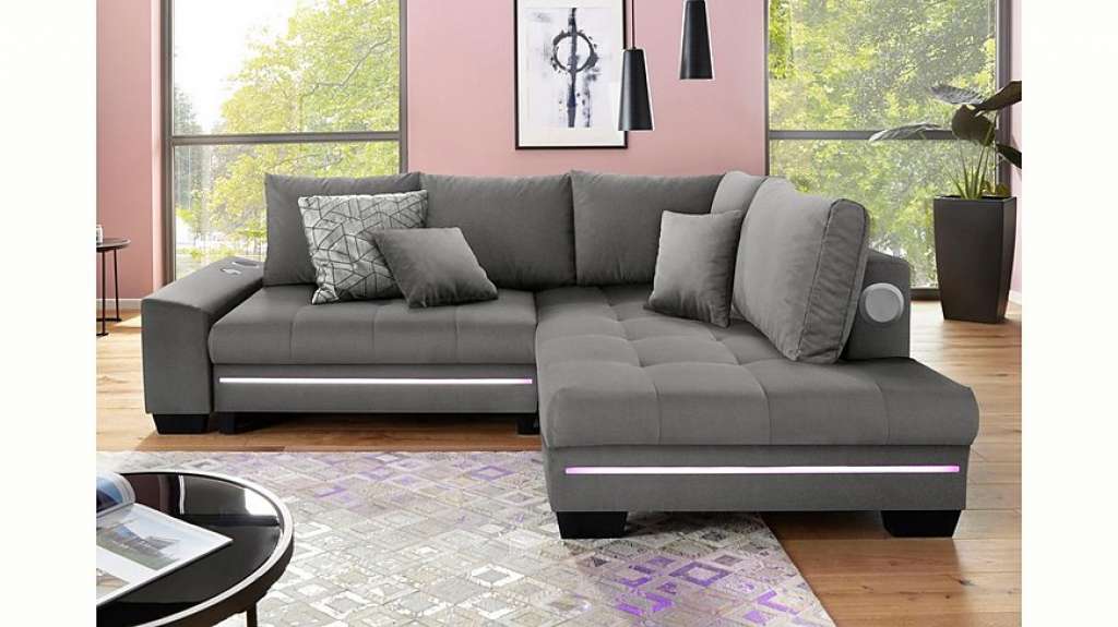 Nova Via Ecksofa, wahlweise mit Kaltschaum (140kg Belastung/Sitz), mit RGB-LED-Beleuchtung, Bluetooth-Soundsystem und Bettfunktion