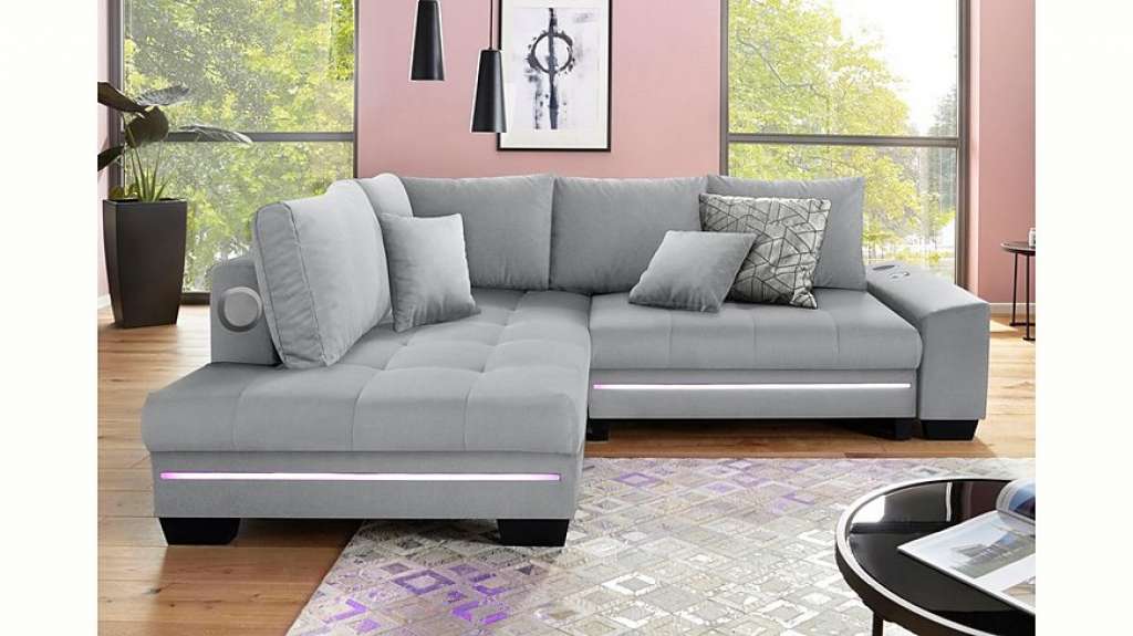 Nova Via Ecksofa, wahlweise mit Kaltschaum (140kg Belastung/Sitz), mit RGB-LED-Beleuchtung, Bluetooth-Soundsystem und Bettfunktion