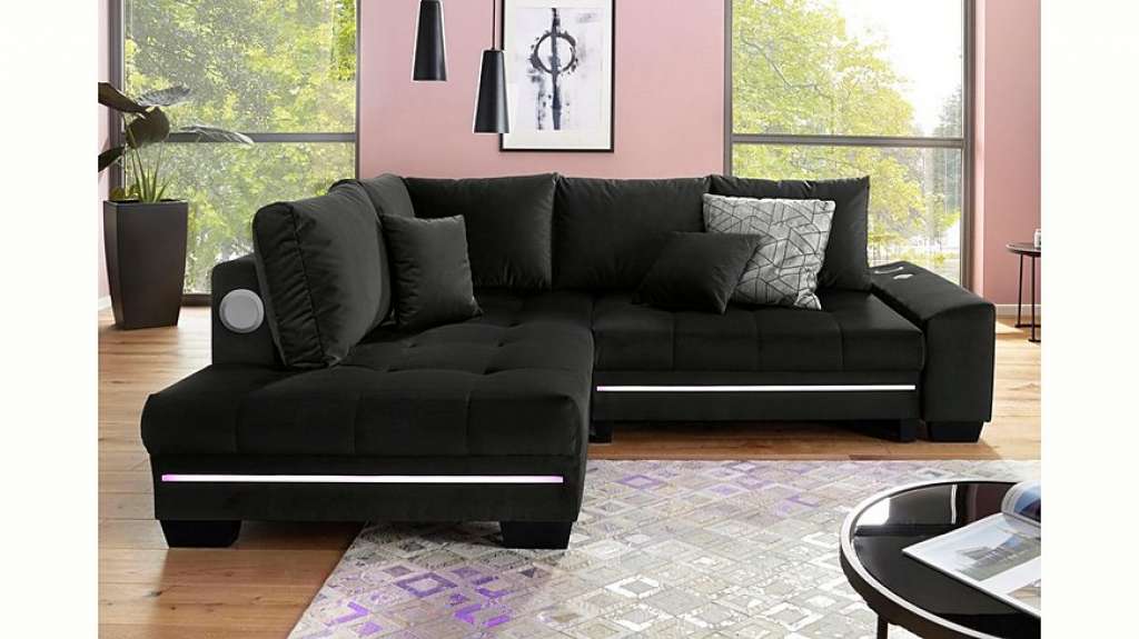 Nova Via Ecksofa, wahlweise mit Kaltschaum (140kg Belastung/Sitz), mit RGB-LED-Beleuchtung, Bluetooth-Soundsystem und Bettfunktion