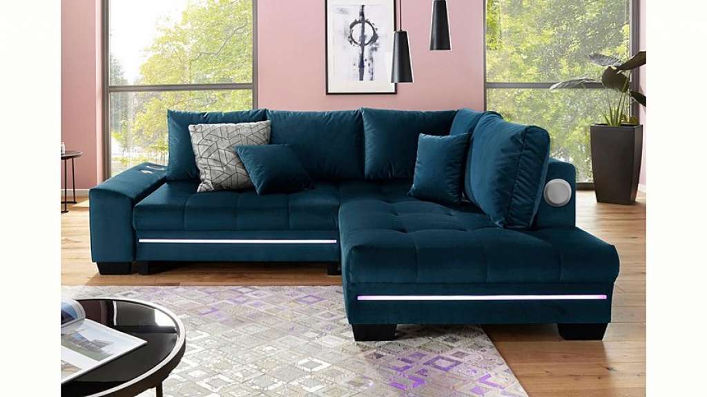 Nova Via Ecksofa, wahlweise mit Kaltschaum (140kg Belastung/Sitz), mit RGB-LED-Beleuchtung, Bluetooth-Soundsystem und Bettfunktion