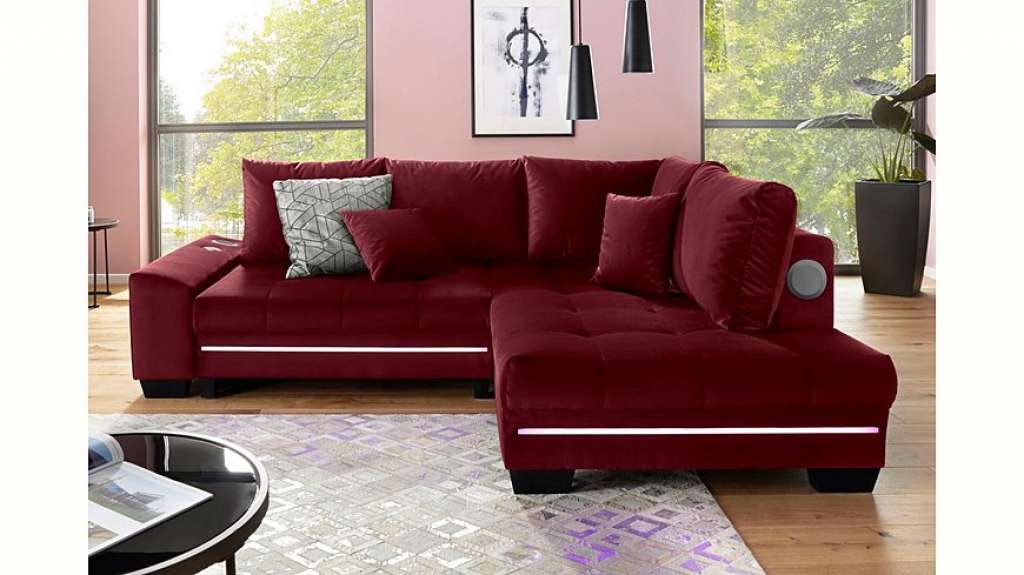 Nova Via Ecksofa, wahlweise mit Kaltschaum (140kg Belastung/Sitz), mit RGB-LED-Beleuchtung, Bluetooth-Soundsystem und Bettfunktion