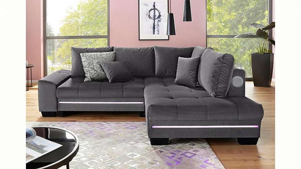 Nova Via Ecksofa, wahlweise mit Kaltschaum (140kg Belastung/Sitz), mit RGB-LED-Beleuchtung, Bluetooth-Soundsystem und Bettfunktion