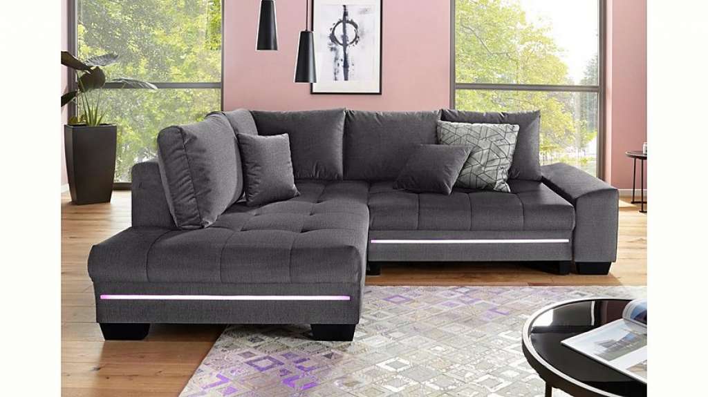 Nova Via Ecksofa, wahlweise mit Kaltschaum (140kg Belastung/Sitz), mit RGB-LED-Beleuchtung, Bluetooth-Soundsystem und Bettfunktion