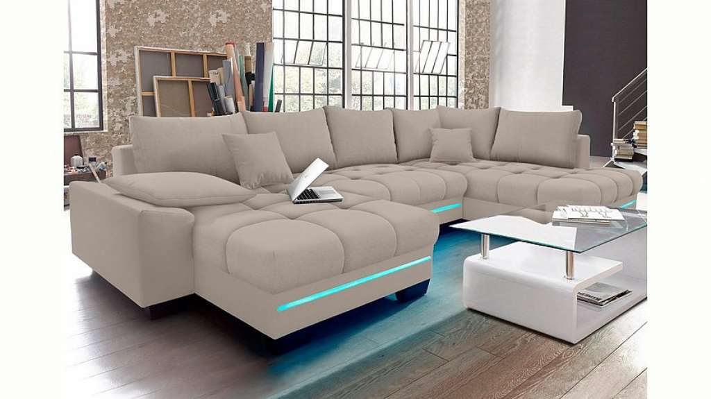 Nova Via Wohnlandschaft, wahlweise mit Kaltschaum (140kg Belastung/Sitz), mit RGB-LED-Beleuchtung, Bluetooth-Soundsystem und Bettfunktion