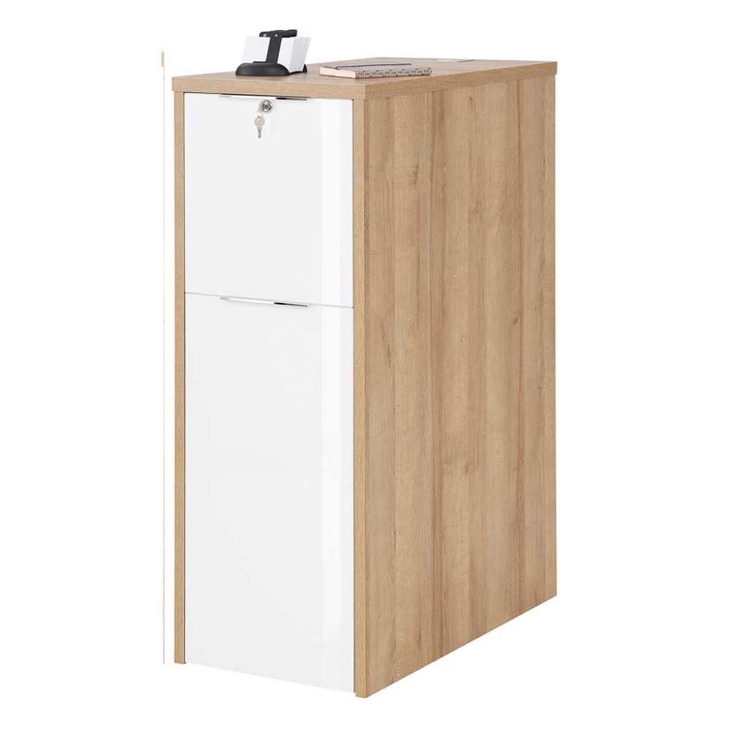 Büroschrank in Weiß und Eiche Optik Apothekerauszug