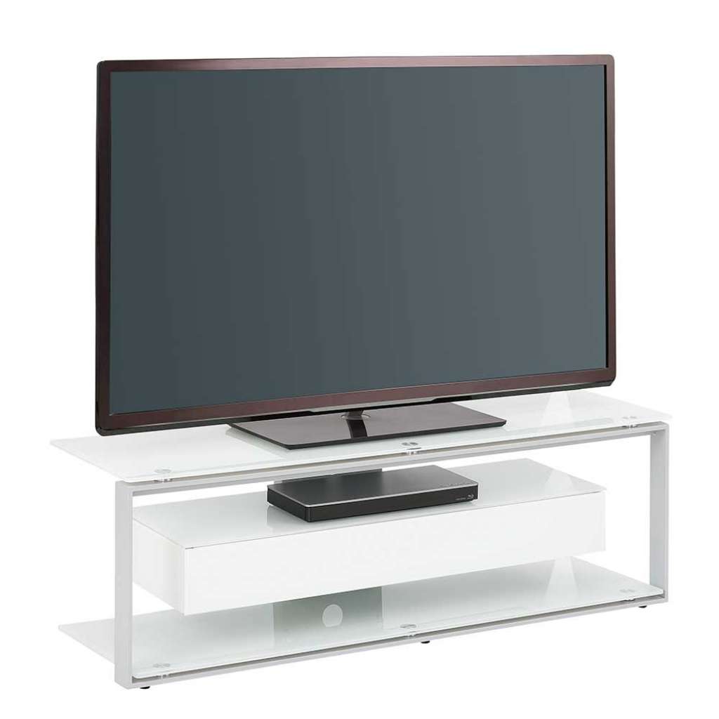 Fernsehtisch in Weiß und Grau Sicherheitsglas und Stahl