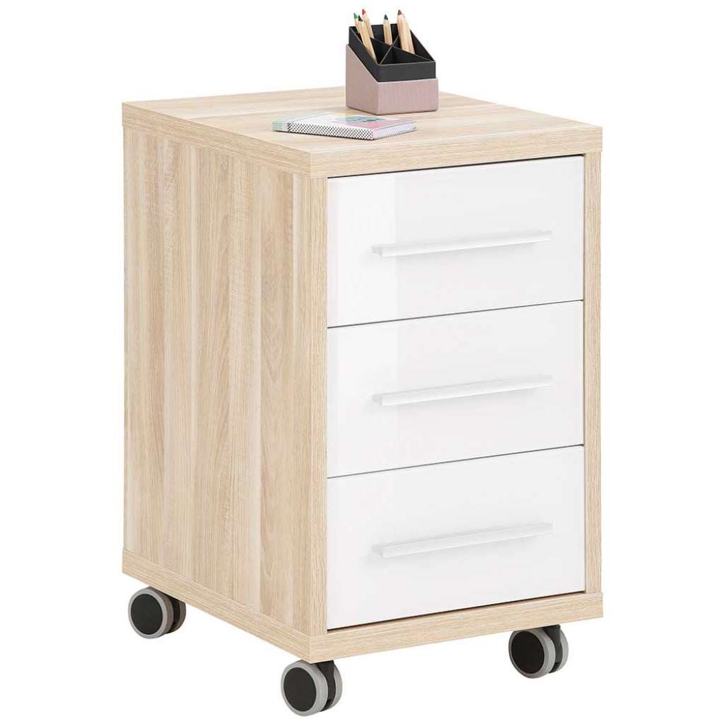 Bürorollcontainer in Weiß und Eiche Optik Glas beschichtet