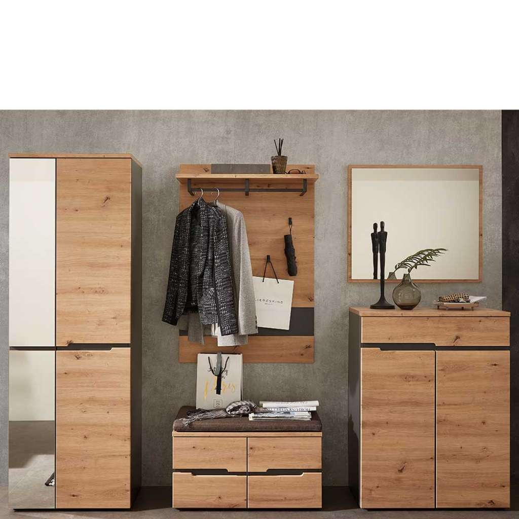 Dielenmöbel Set in Wildeichefarben und Dunkelgrau 225 cm breit (5-teilig)