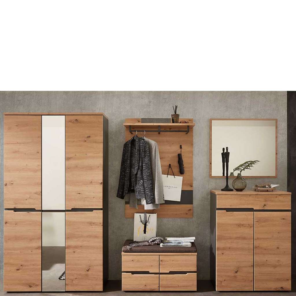 Flurgarderobe in Wildeichefarben und Dunkelgrau 265 cm breit (5-teilig)