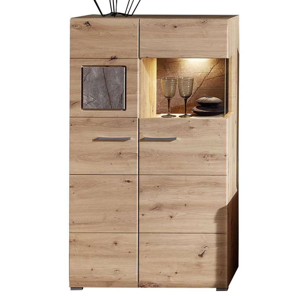 Highbord Vitrine in Graubraun und Wildeiche Optik 80 cm breit