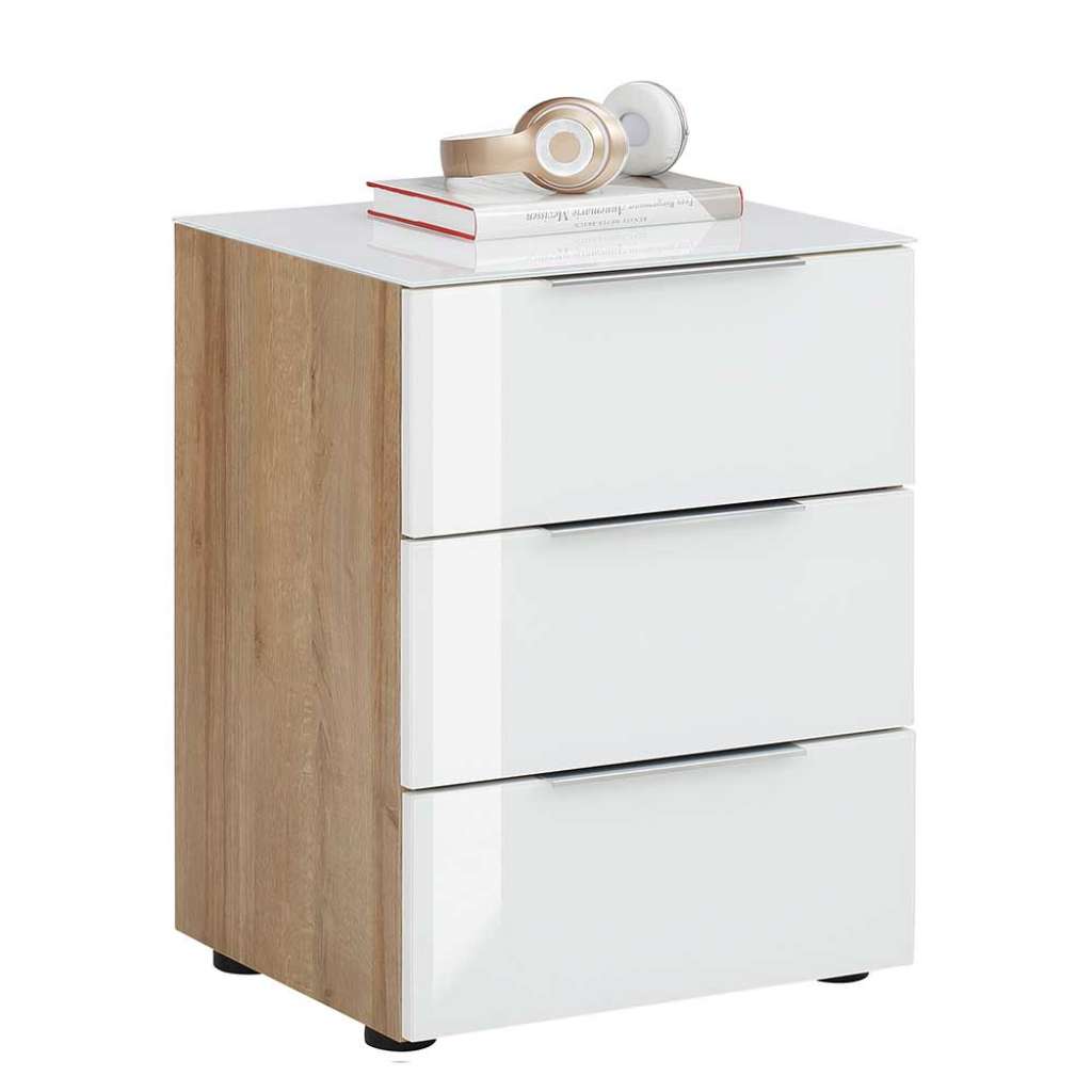 Schlafkommode in Eichefarben und Weiß Glas beschichtet 45 cm breit