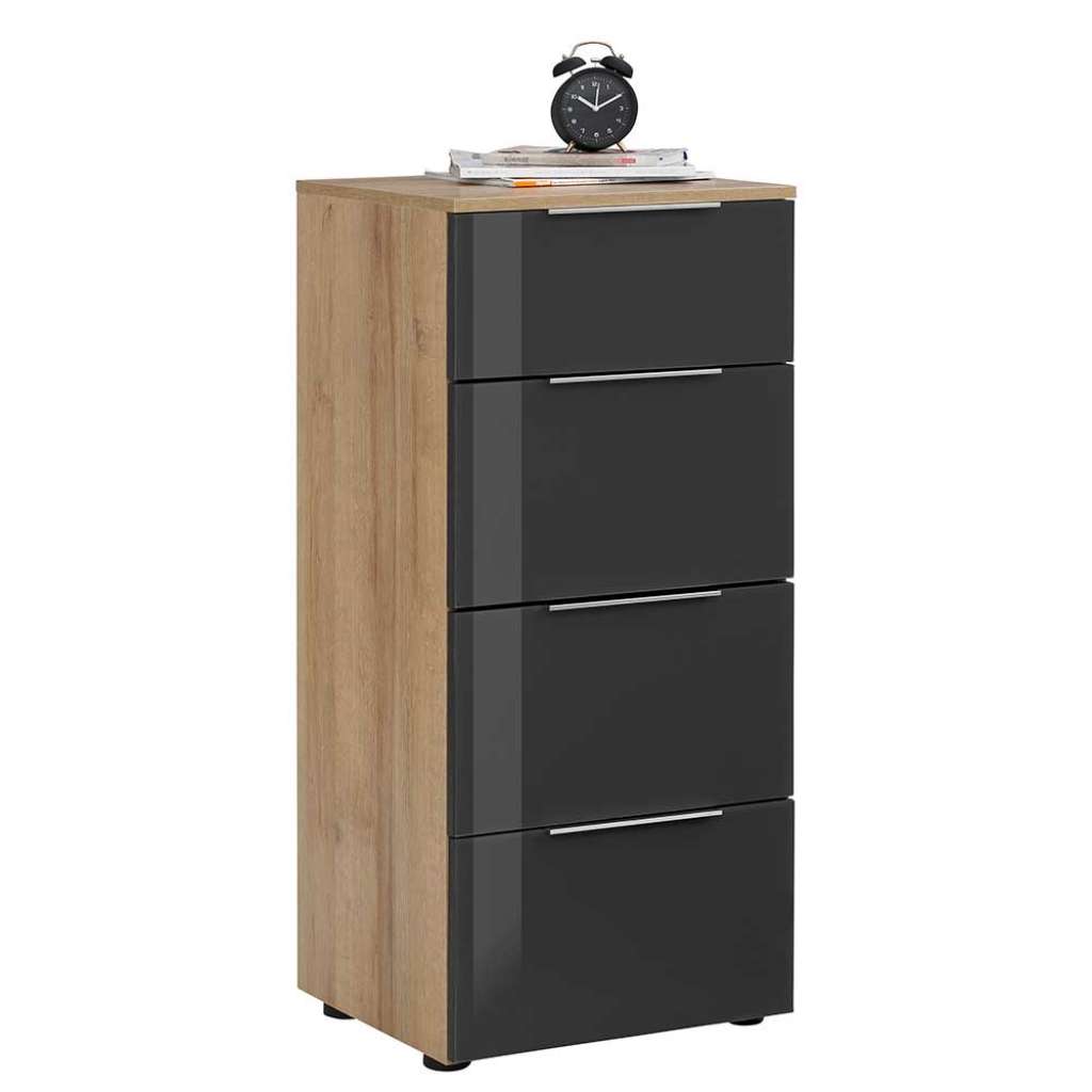 Hohe Kommode in Anthrazit Glas beschichtet Eichefarben