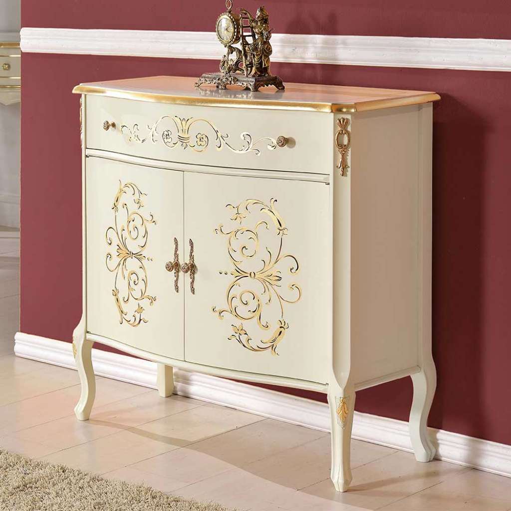 Wohnzimmer Kommode in Weiß und Goldfarben einer Schublade