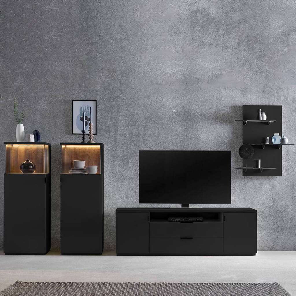 Wohnzimmer Anbauwand in Holz Antik und Anthrazit 300 cm breit (4-teilig)