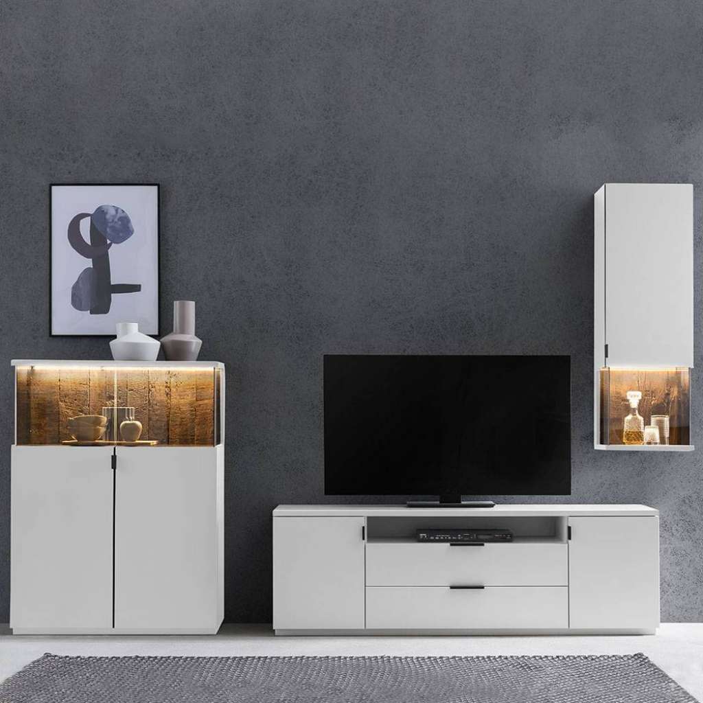 Wohnwand in Holz Antik und Weiß modern (3-teilig)