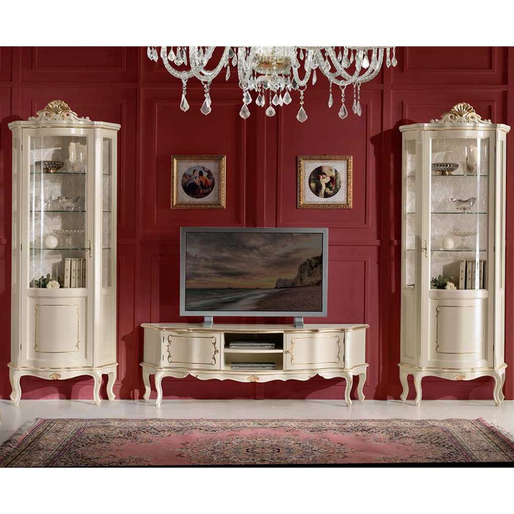 Wohnzimmer Anbauwand im Barockstil Weiß und Goldfarben verziert (3-teilig)
