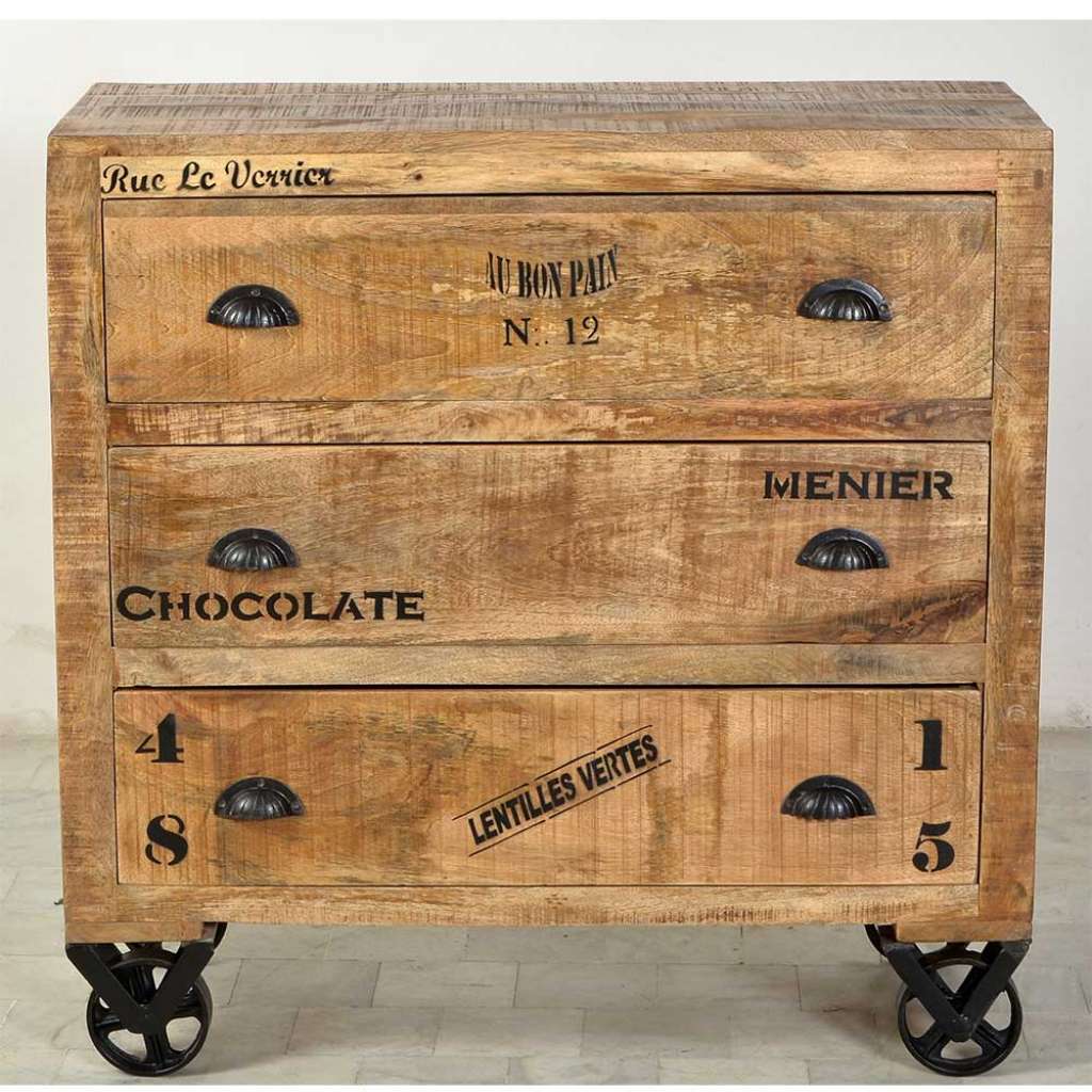 Schubladenkommode aus Recyclingholz Rollen