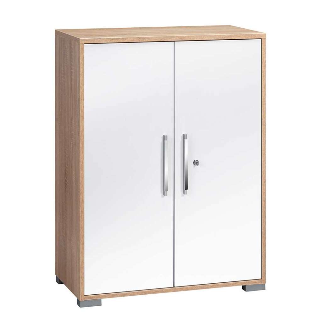 Abschließbarer Büroschrank in Weiß Hochglanz und Eiche Sonoma 110 cm hoch