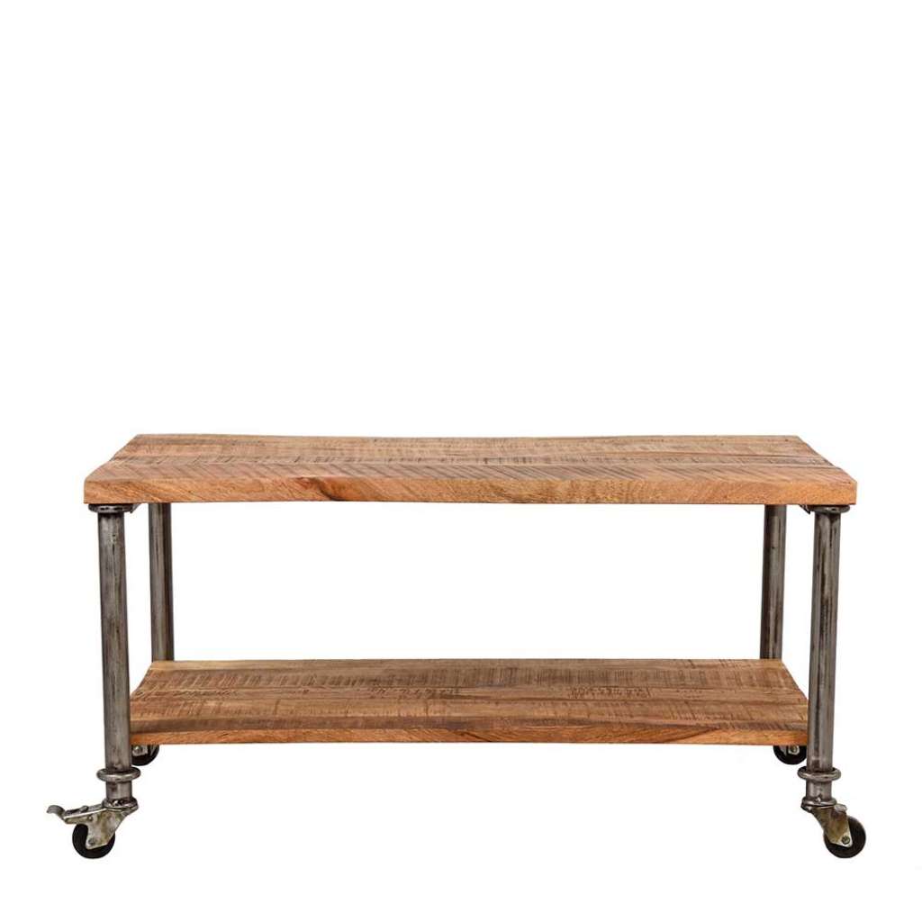 Rollbarer Wohnzimmer Tisch aus Mangobaum Massivholz und Metall 90 cm breit