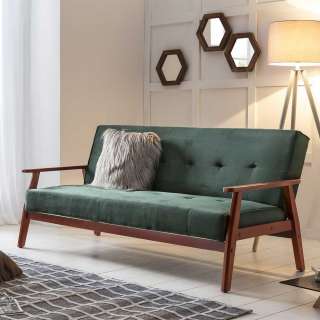 Ausklappbares Sofa in Dunkelgrün Samt Retro Look