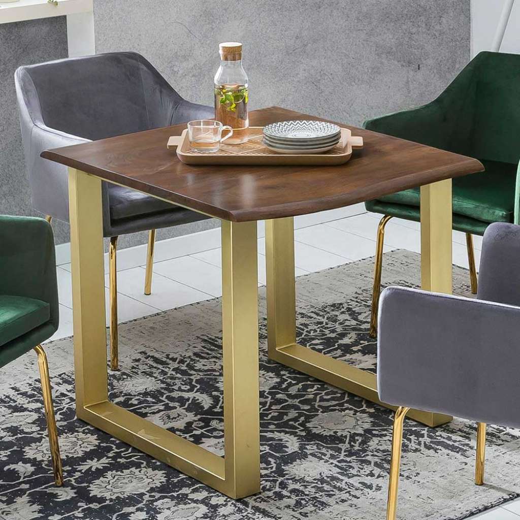 80 cm Tisch in Nussbaumfarben und Messingfarben Baumkante