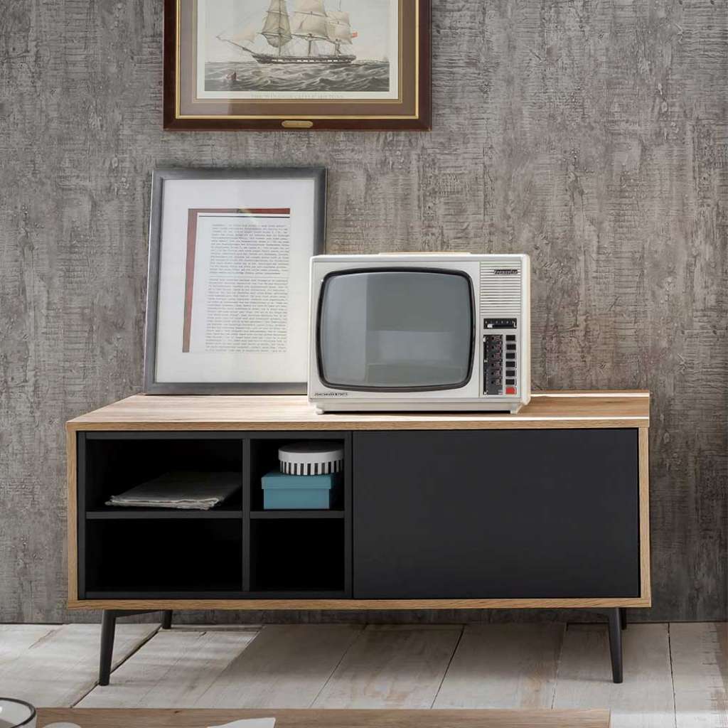 TV Schrank in Anthrazit und Holz Naturfarben 1-türig