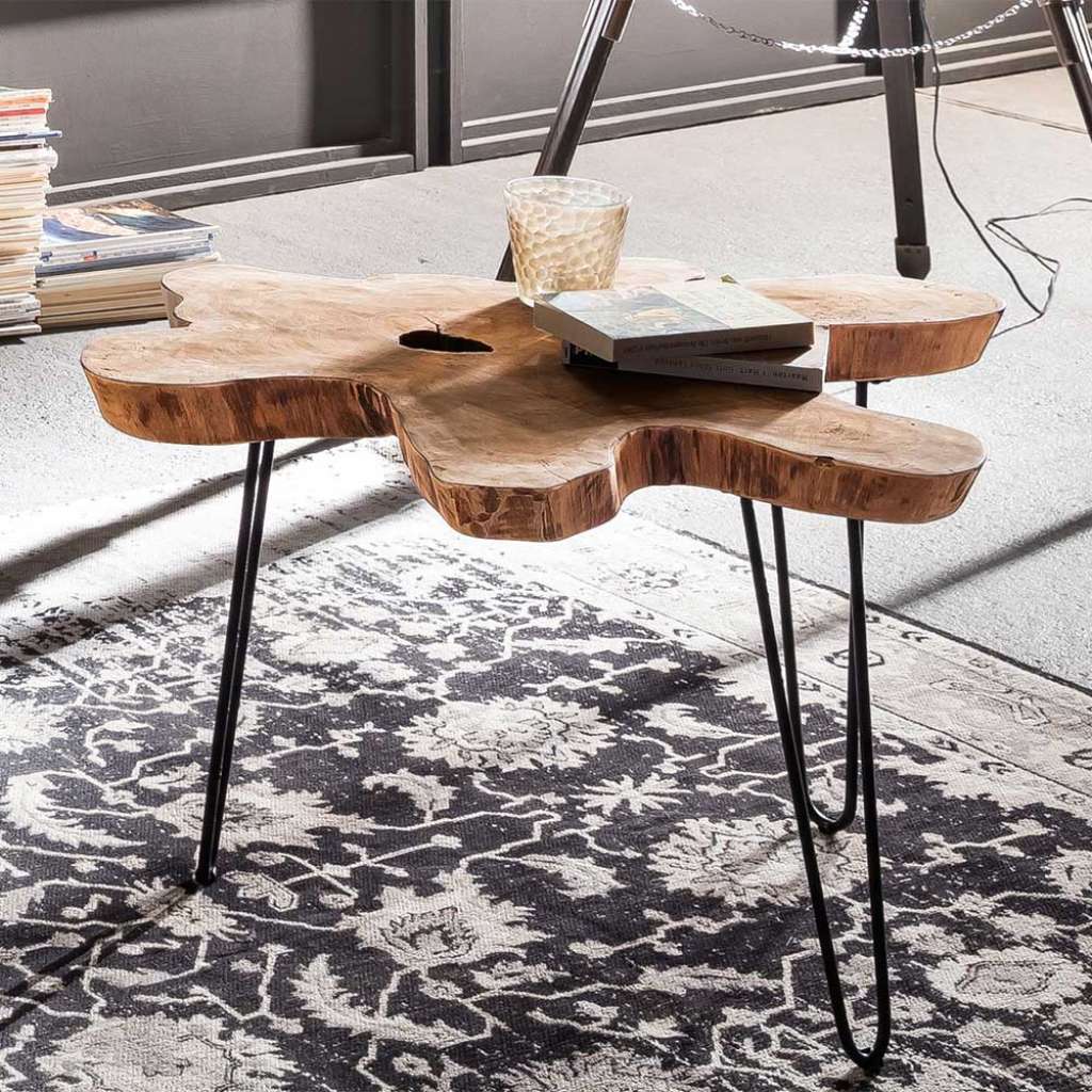 Sofatisch mit Baumscheiben Platte Teak Recyclingholz und Metall