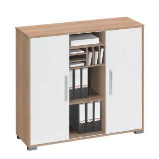 Schiebetüren Aktenschrank in Weiß Hochglanz und Buche Optik 110 cm hoch