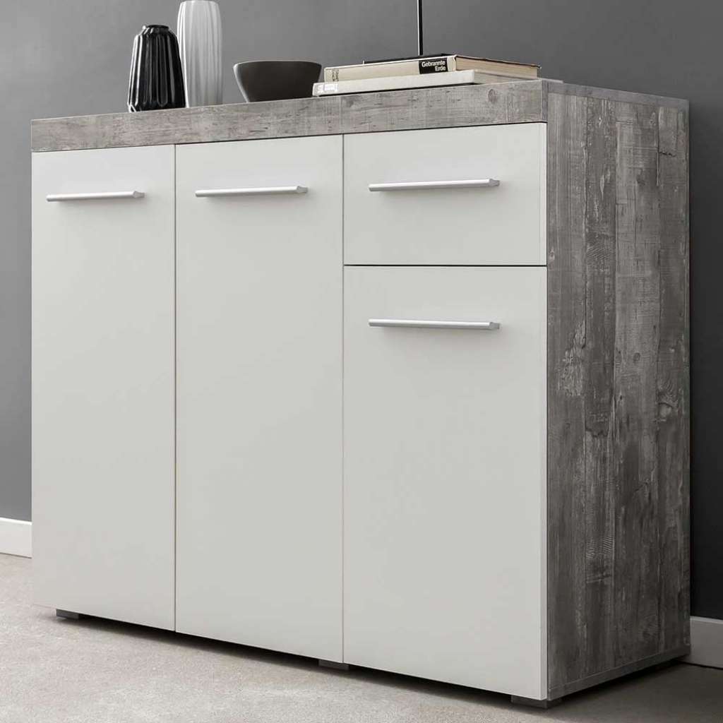 3 türige Kommode in Weiß und Beton Grau 105 cm breit