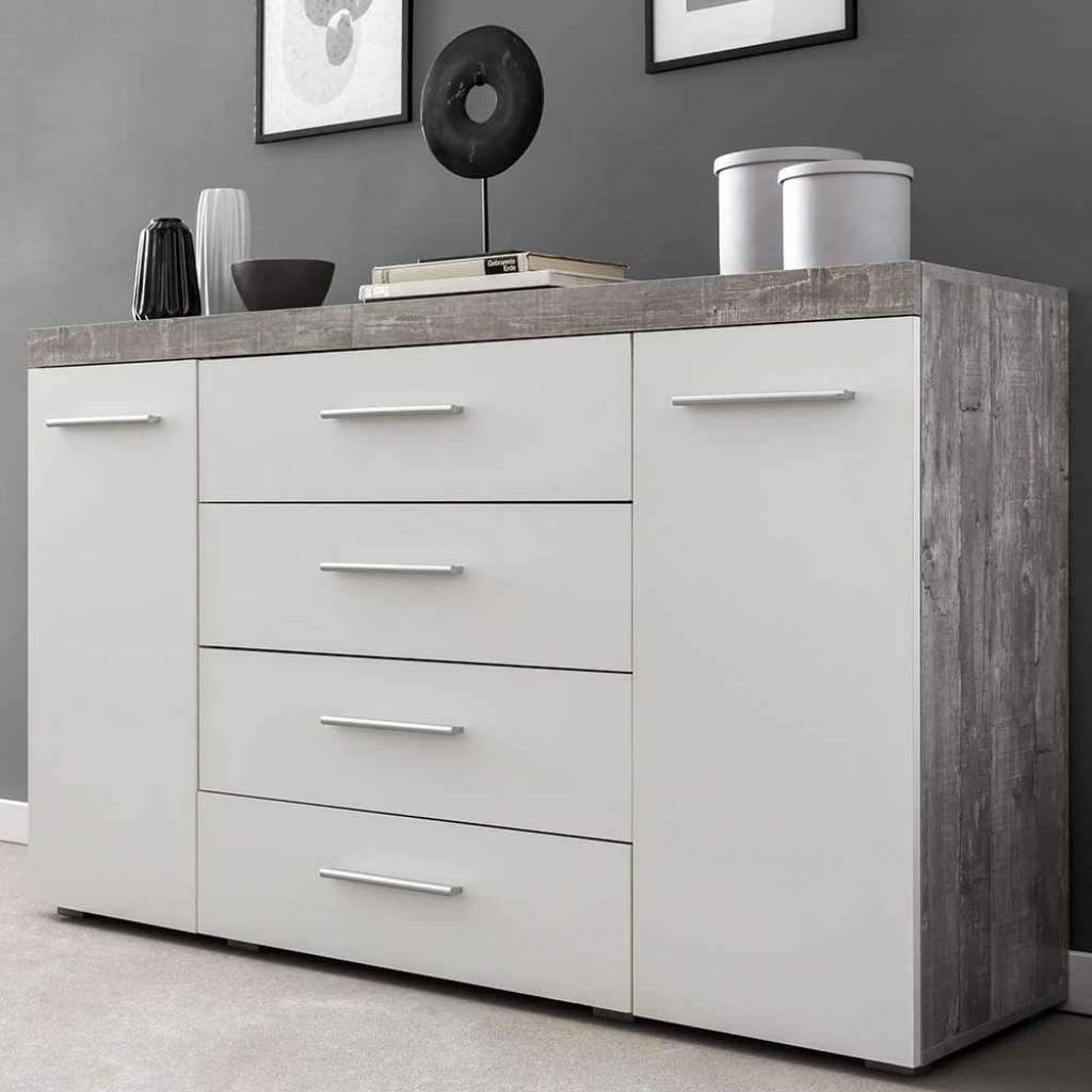 Wohnzimmer Kommode in Weiß und Beton Grau 140 cm breit