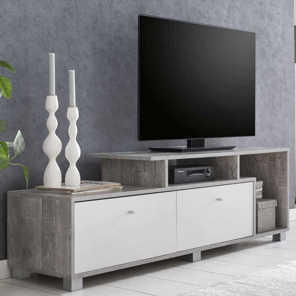 TV Lowboard in Weiß und Beton Grau TV Aufsatz und Klappe