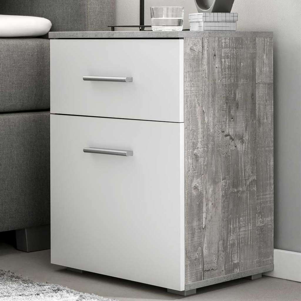 Nachtschrank in Beton Grau und Weiß 45 cm breit