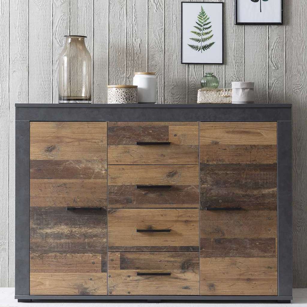 Wohnzimmer Sideboard in Altholz Braun Optik vier Schubladen