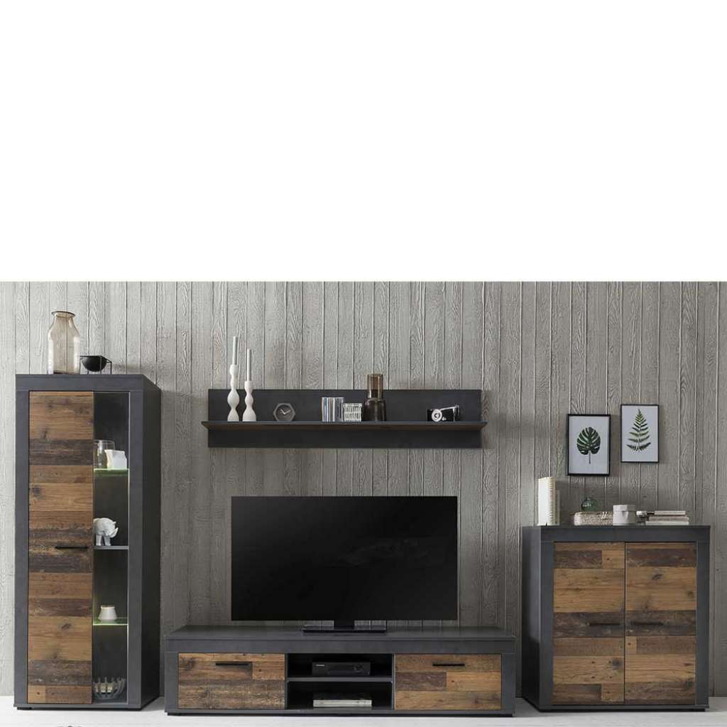 Wohnzimmerwand in Altholz Optik Braun 300 cm breit (4-teilig)