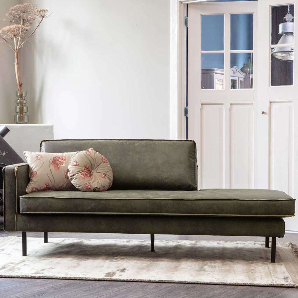 Wohnzimmercouch in Olivgrün Recyclingleder Armlehne links