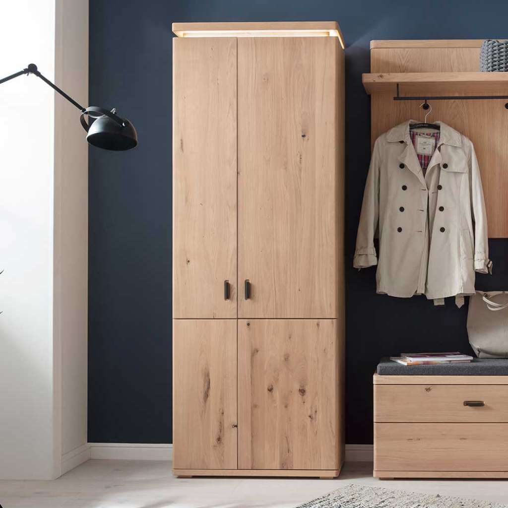 Garderobenschrank in Eiche Bianco furniert LED Beleuchtung