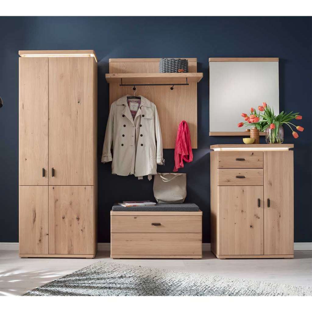 Garderobeset in Eiche Bianco furniert LED Beleuchtung (5-teilig)