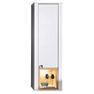 Wohnzimmer Oberschrank in Weiß und Wildbuche Optik LED Beleuchtung