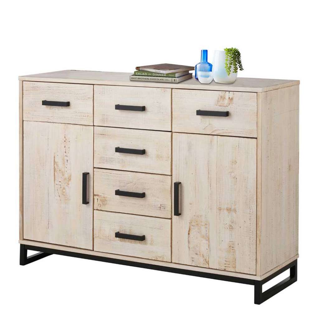 Wohnzimmer Sideboard in Kiefer White Wash und Schwarz 120 cm breit