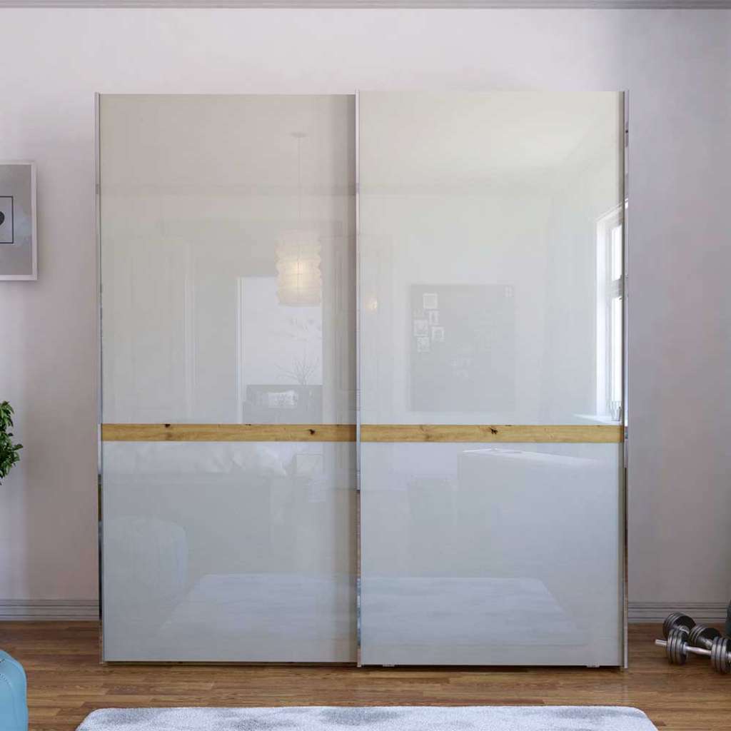 Schiebetürenschrank in Beige und Eiche Bianco Glas beschichtet