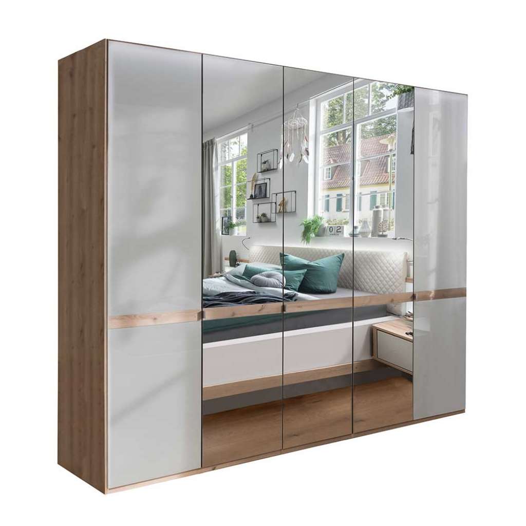 Schlafzimmerkleiderschrank in Beige und Eiche Bianco Spiegeltüren