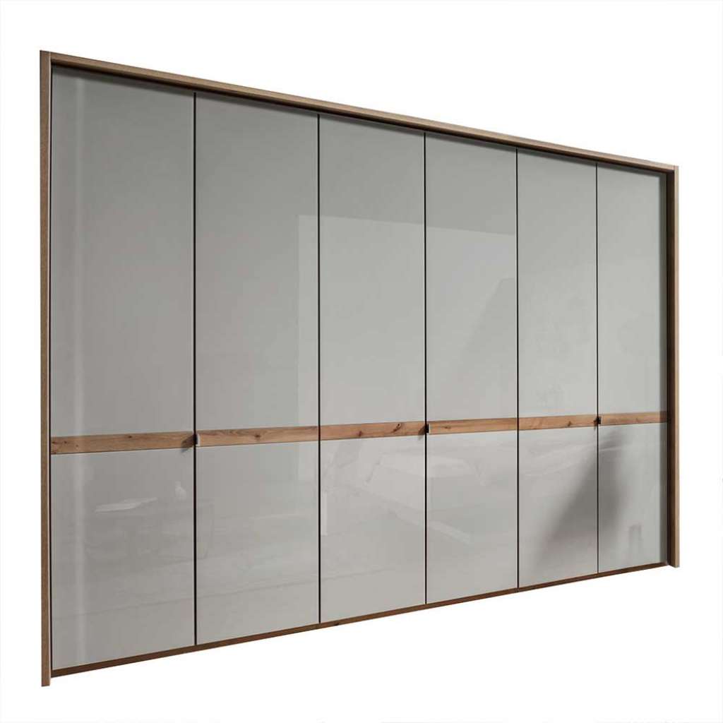Drehtürenschrank in Beige und Eiche Bianco Glas beschichtet