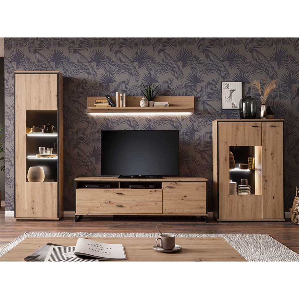 Wohnzimmerwand in Eichefarben und Anthrazit modern (4-teilig)