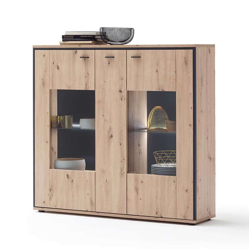 Highboard Vitrine in Eichefarben und Anthrazit modern