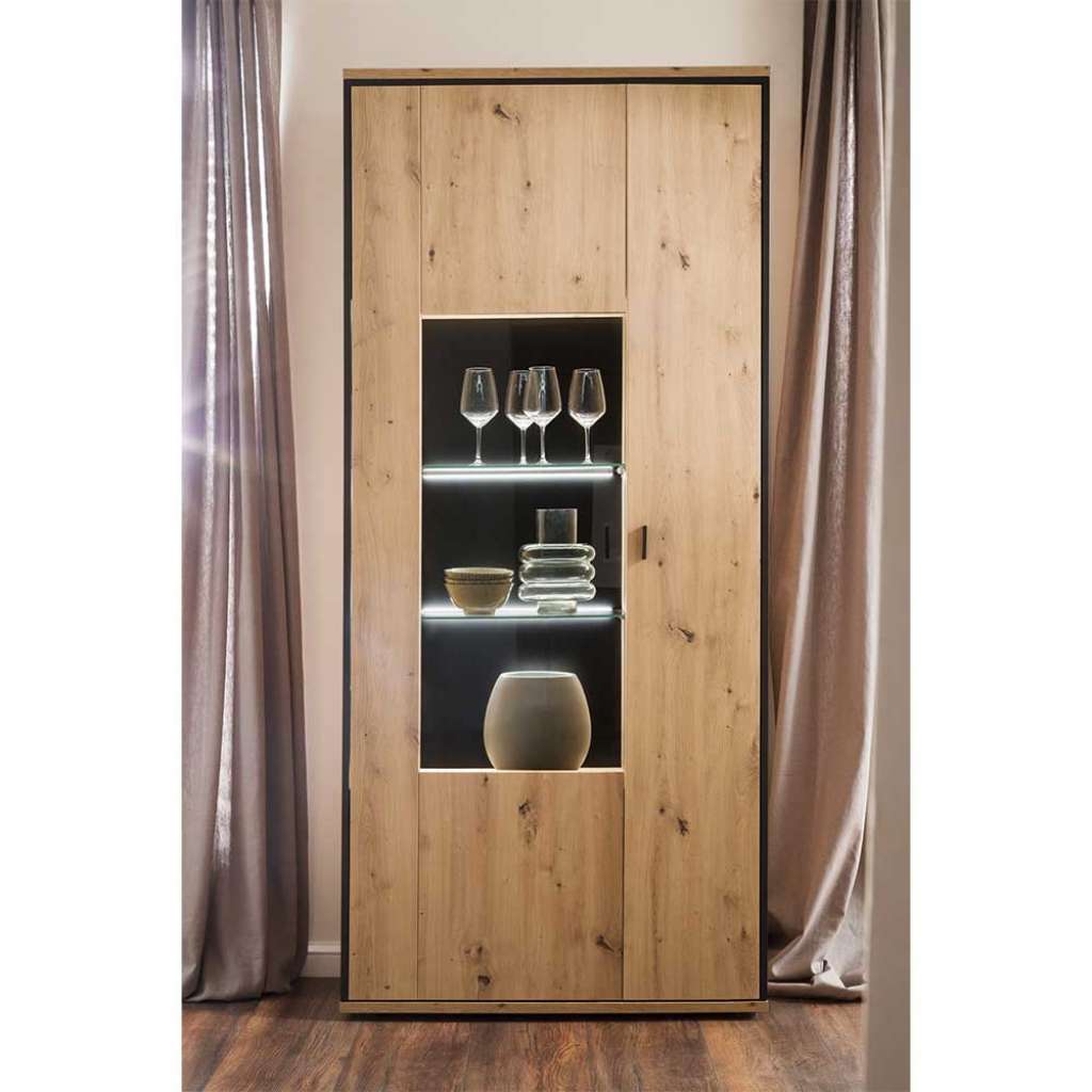 Wohnzimmervitrine in Eichefarben und Anthrazit 210 cm hoch
