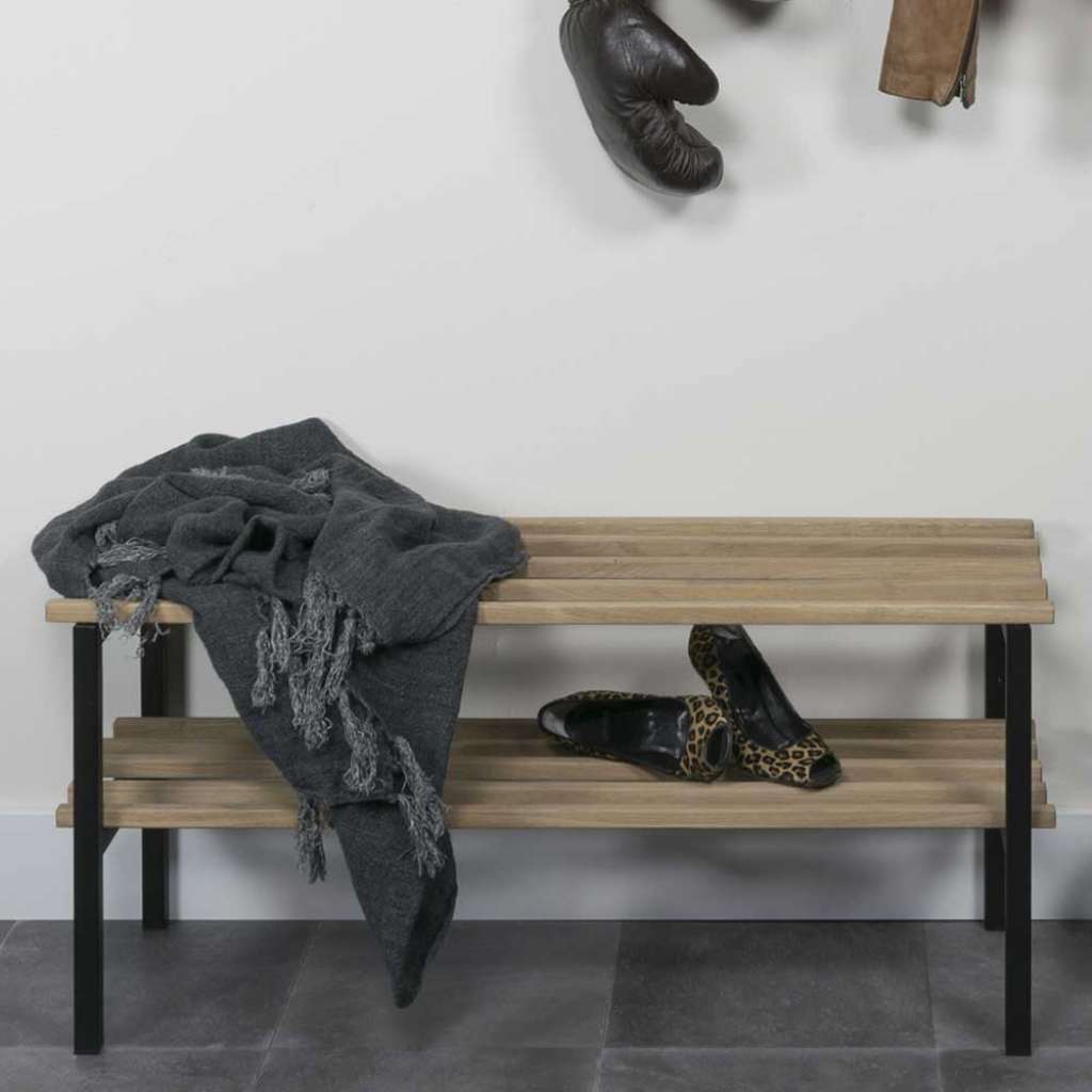 Schuhständer aus Eiche Massivholz und Stahl 100 cm breit