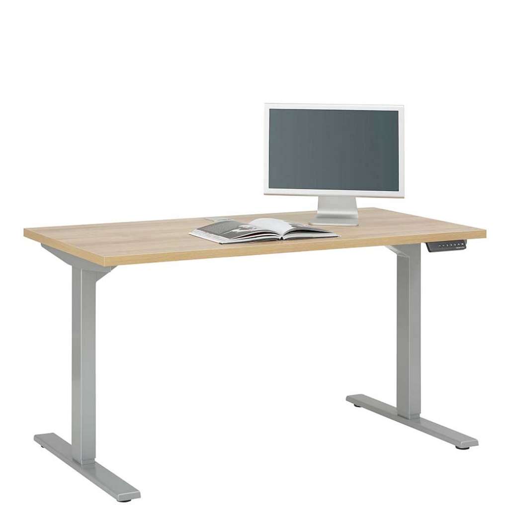 Höhenverstellbarer Schreibtisch in Eichefarben und Grau Made in Germany