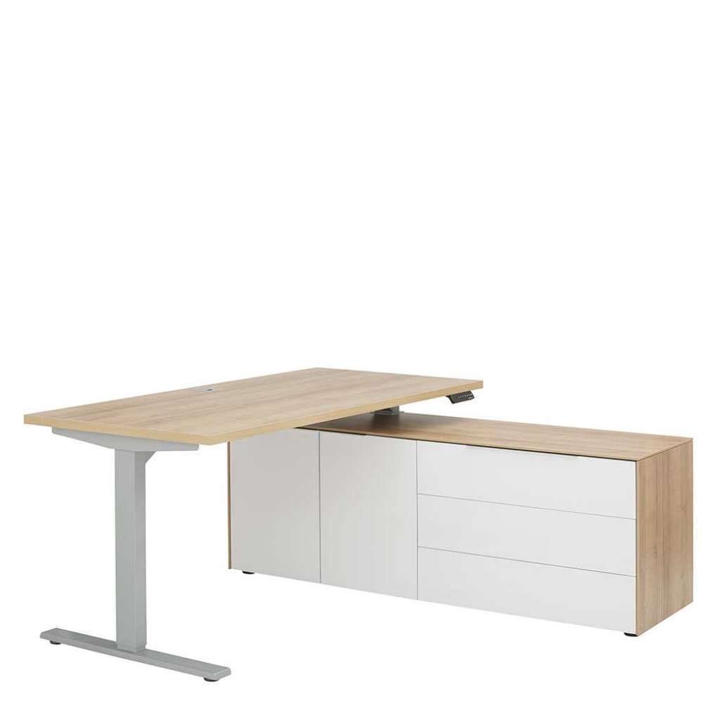 Eckbürotisch in Weiß Hochglanz und Eiche Optik höhenverstellbar